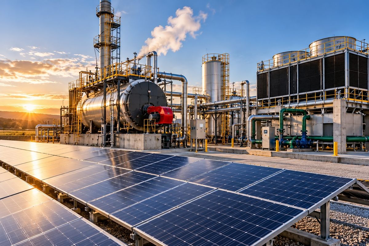 Paneles solares y sistemas de vapor en una planta de energía