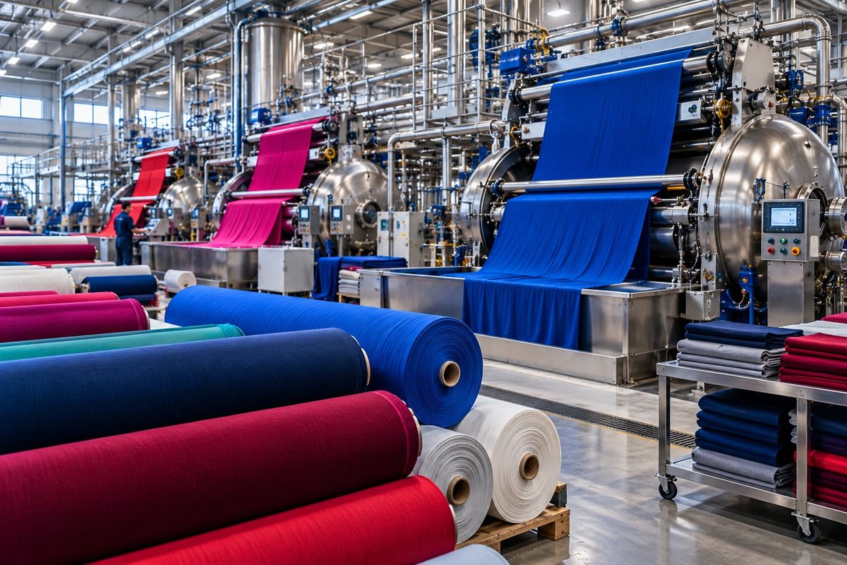 Rollos de tela de colores en una planta textil